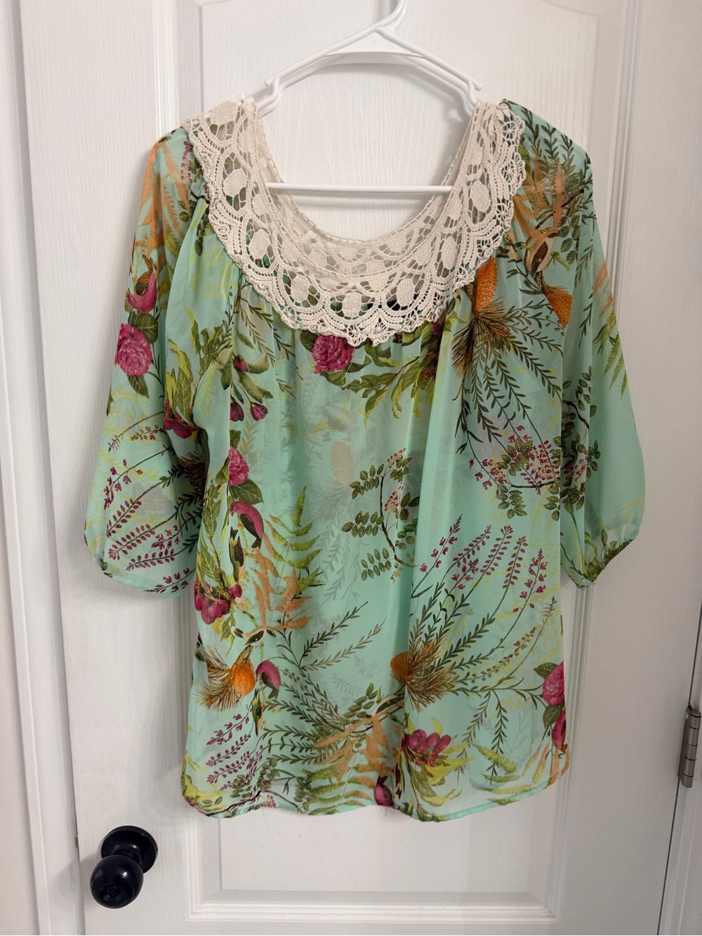 Anna Grace Mint Floral Blouse with Cream Crochet Neckline
